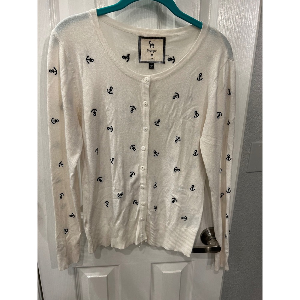 Papaya Cardigan White Anchor Print Nautical Knit Button Sweater cruise